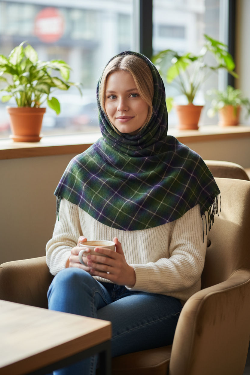 Navy Green Grid Check Scarf